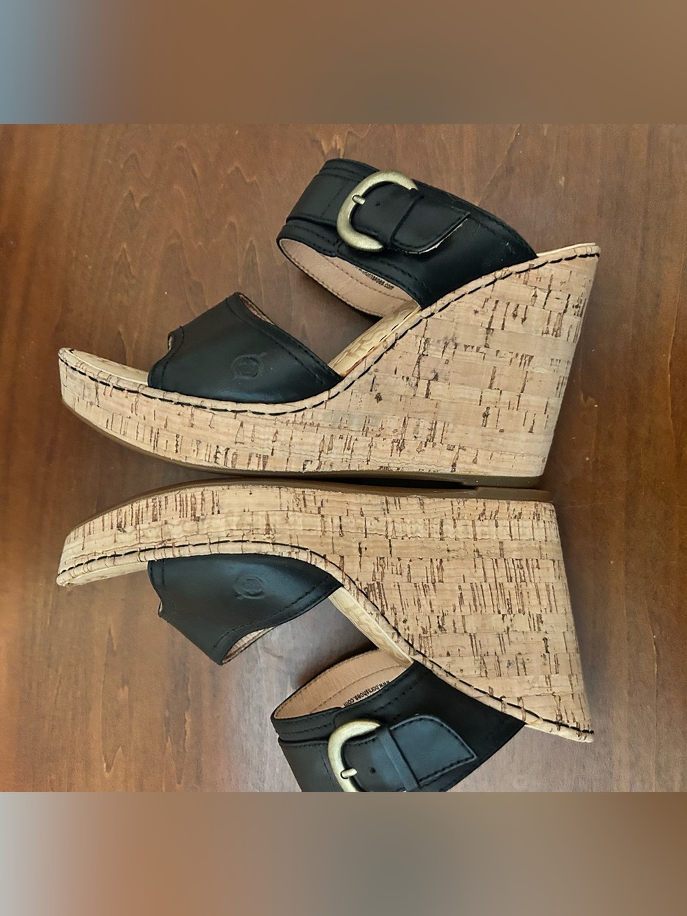 BORN Black Leather Cork Wedge Sandals Classic Slide with Buckle size 9 - Picture 8 of 13